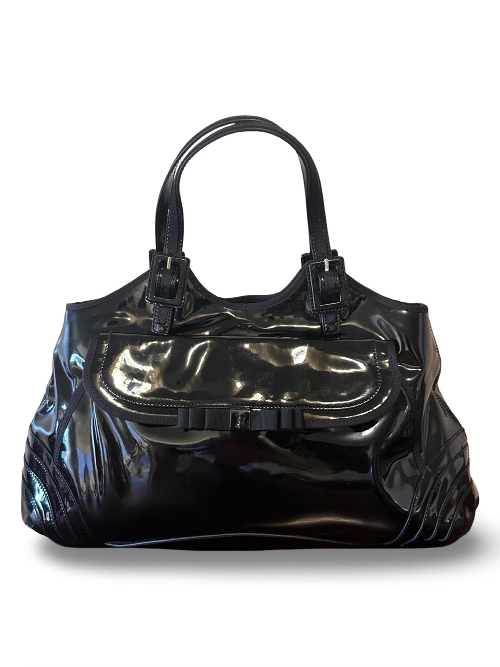 Anya Hindmarch London Black Patent Leather/Suede Bag Tote with Bow Detail